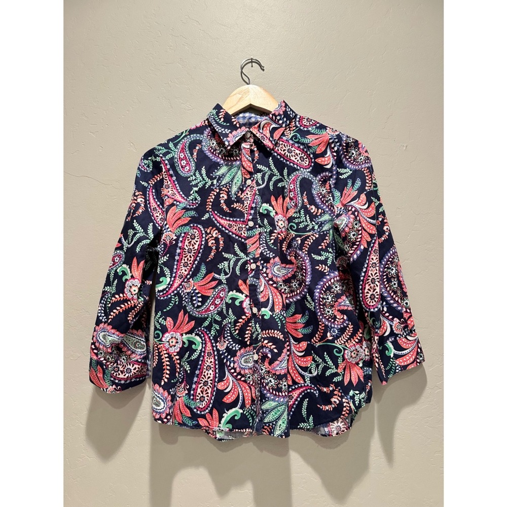 Chaps Petite Navy Paisley No Iron Button Down Shirt Blouse Size PL 100% Cotton